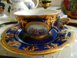 Exkluzív kobalt és jelenetes teás szett, pillangó fülű csésze és kistányér