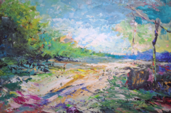 SZŐKE ZOLTÁN: Alföldi táj gémeskúttal (45x67 olaj-farost szignózott) tájkép az Alföld szerelmeseinek