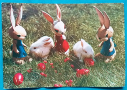 Rég, retró  húsvéti képeslap, nyuszi bábok, színes tojás, 1966