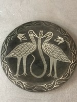 Antique iron alloy wall plate with silver hammered pattern, 15 cm across