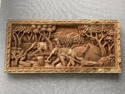 Fából faragott elefántokat vándorlást ábrázoló dísztárgy tábla faragvány