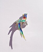 Tűzzománcos és markazit köves színes papagájt mintázó ezüst bross