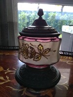 Antique copper lid enamel painted glass bonbonier