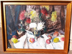 László Vincze (1934-2020) still life with dahlias and fruits