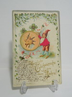Antique embossed New Year greeting litho postcard with gilded silk overlay with dwarf lucky pig