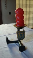 Metal candelabrum-shaped candlestick with the coat of arms of Weissenfels (Germany).