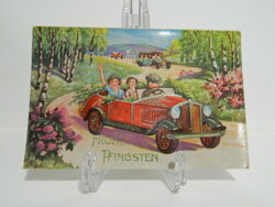 Antik aranyozott üdvözlő litho képeslap Pünkösd autó