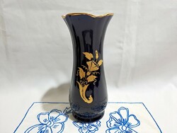 Nagyon szép arannyal festett sötétkék Arpo porcelán váza 20 cm magas