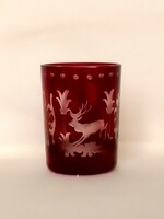 Antique old burgundy ruby crimson pickled incised polished engraved glass cup cup deer egermann