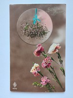 Régi újévi képeslap fotó levelezőlap szegfű fagyöngy