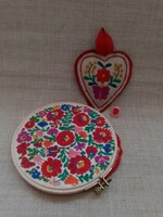 Wooden embroidery frame with embroidered matyó small tablecloth with matyó pincushion and gift thimble