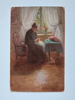 Régi képeslap művészeti levelezőlap kézimunkázó hölgy