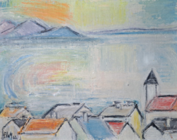 View of the water, above the houses - 42x52 cm oil on canvas - bwm or bwy unidentified mark, 1963