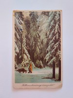 Old Christmas postcard picture postcard snowy pine forest