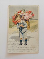 Old postcard k. Feiertag postcard with little boy flowers