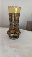 Különleges, empire stílusú barna üveg váza, fém rátéttel, kézi munka, fodros szélű
