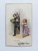 Old New Year's card 1948 postcard little girl chimney sweep clover