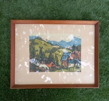 Retro magyar metszet, linómetszet. Rác András
