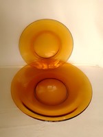 Two retro amber yellow brown marked French vereco france plate bowls offering roast