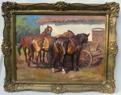 János Viski - horses next to a cart