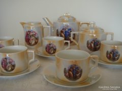 Régi Zsolnay porcelán teáskészlet art deco jelenetes készlet 13 db pajzspecsétes
