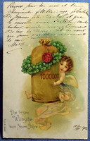 Antik dombornyomott Újévi üdvözlő litho képeslap angyalka pénzeszsákkal 4levelű lóhere pecsét