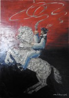 Csikós a lovával - jelzett olaj / fa festmény
