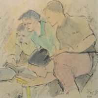 Végh Gusztáv (1889-1973): Jelenet ifjakkal, tus, aquarell, papír