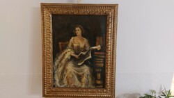 (K) beautiful old reading lady portrait with frame 57x72 cm