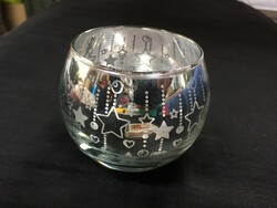 Silver-colored, Christmas-patterned glass candle holder, candle holder