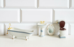 Mini porcelán fürdőszoba bútorok: kád, toalett, kézmosó - babaházi kiegészítő, bababútor, miniatűr