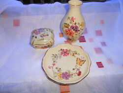 3 db Zsolnay  pillangós  mintával  porcelán -doboz +váza+ tálka együtt