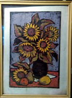 Original meadow colored etching - sunflower