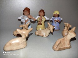 Charming ceramic figure group of 8 tiny glazed ornaments, angels, lambs