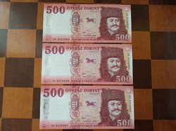 Sorszámkövető 500 forint bankjegy 3 db 2018 EG sor.