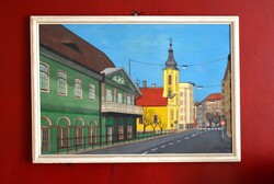 János Hóbor, 1995. Painting, Budapest, St. Florian Church, oil on canvas, framed: 46 x 65 cm