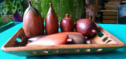 African hand-made wooden tray with copper insert, engraved pattern, wood with beautifully turned fruits