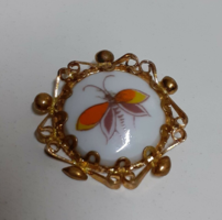 Gilt frame brooch pin porcelain inlaid with butterfly stone on it