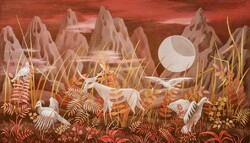 Remedios varo valley of the moon reprint print, red planet landscape fairy tale animals full moon birds