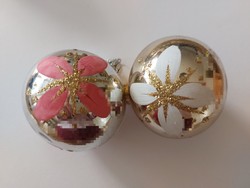 Old glass Christmas tree ornament, painted floral sphere glass ornament 2 pcs