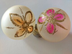 Old glass Christmas tree ornament, painted floral sphere glass ornament 2 pcs