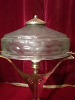 Szecessziós antik réz  asztali lámpa,hólyagos uránzöld búrával.HÚSVÉTI LEÁRAZÁS!