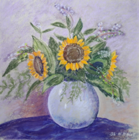 Sunflowers - still life in a beautiful frame (pastel, paper, with frame 48x48 cm) floral vase, contemporary