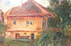 House with a red roof (with frame 51x38 cm) oil on canvas
