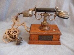 Antique wooden table phone, rare Hungarian table phone with Transylvanian and tailor's plate, 1900s