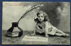 Antique French humorous photo of a little girl with ink on letterhead