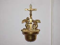 Large copper or bronze holy water holding crucifix and putto