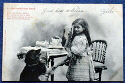 Antik francia humoros  fotó képeslap kutyus a reggeli étkező asztalnál kisleánnyal