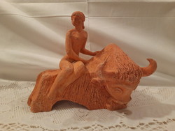 1,-Ft Art-deco kerámia kisplasztika bikán ülő női akt