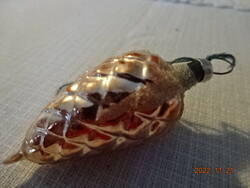 Christmas glass ornament, cone shape, base color is gold, decoration is snowy. He has!